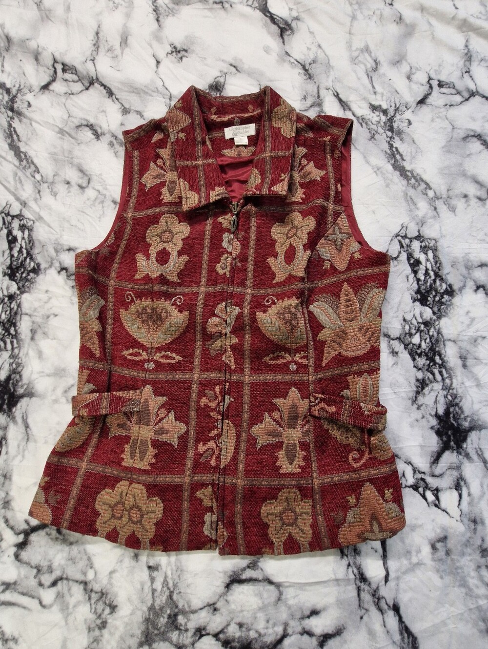 Christopher & Banks Red Floral Tapestry Zip Vest